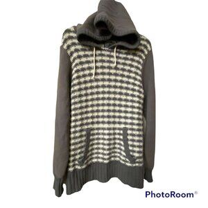 Old Navy L/XL Gray & White Knit Hoodie Sweater With Ribbed Hem & Kangaroo Pocket